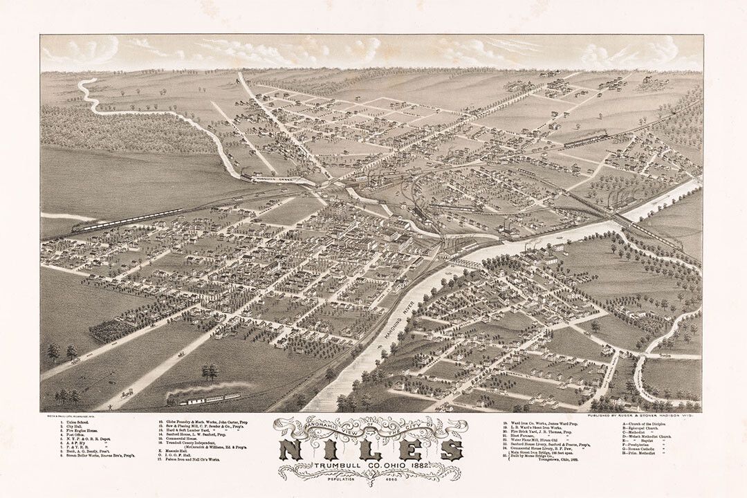 1882 Niles Ohio Vintage Old Panoramic City Map Wall Art Home Poster