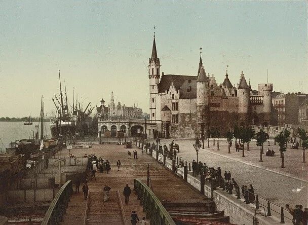 1890 The Steen And Port Antwerp Belgium Art Picture Reprint City Seascape Town