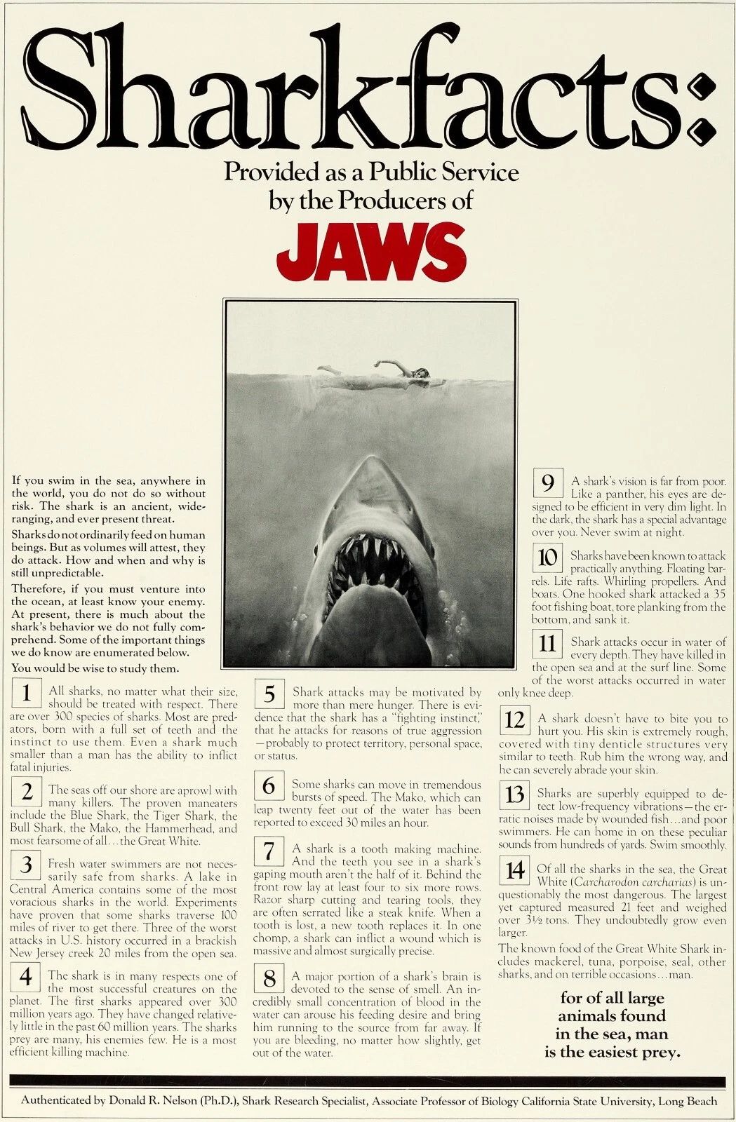 1975 Jaws Movie Poster Martin Brody Quint Great White Shark Ocean