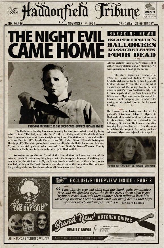 1978 Halloween Haddonfield Tribune The Night Evil Came Home Michael Myers