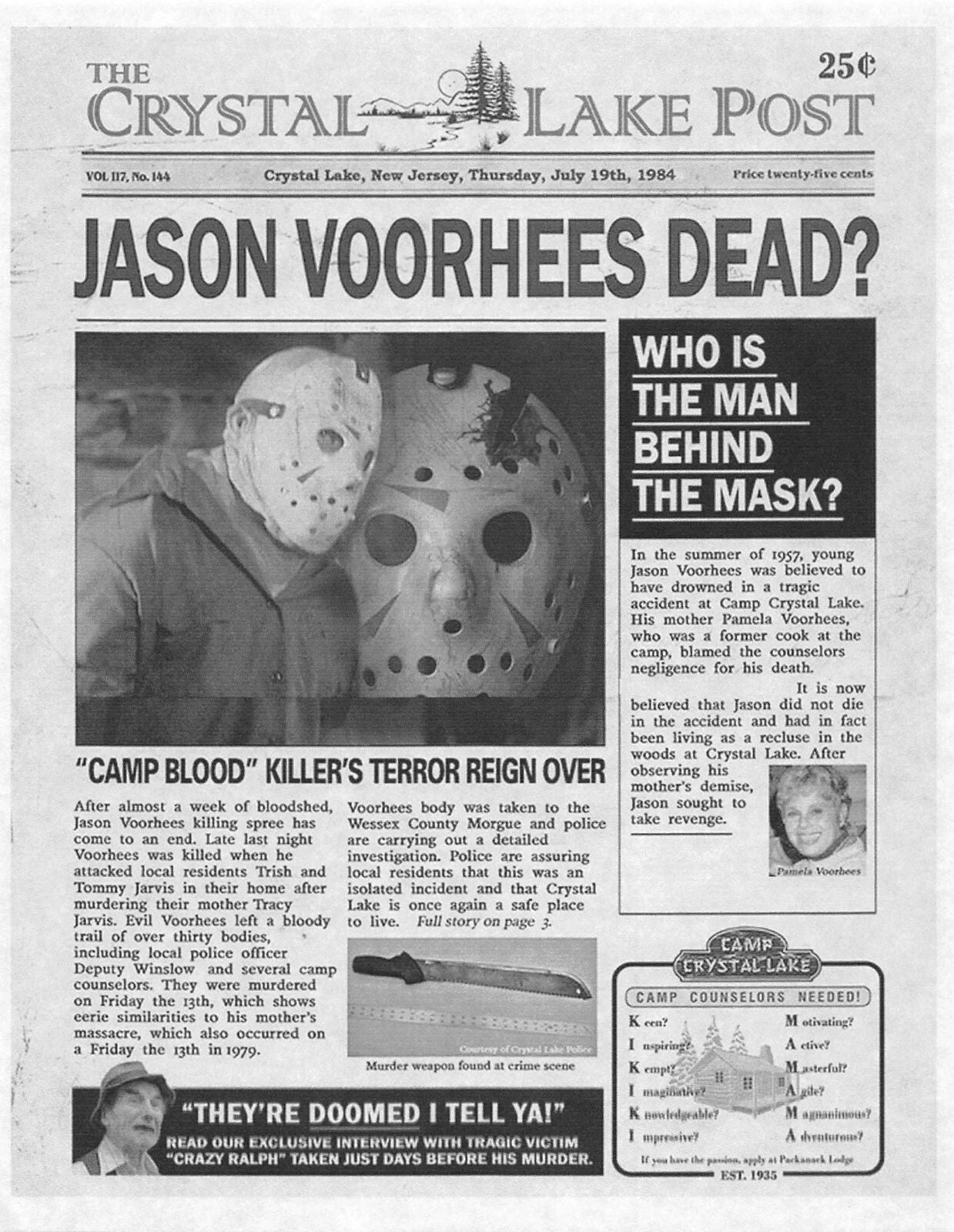 1980 Friday The 13Th Crystal Lake Post Jason Voorhees Dead Camp Crystal Lake