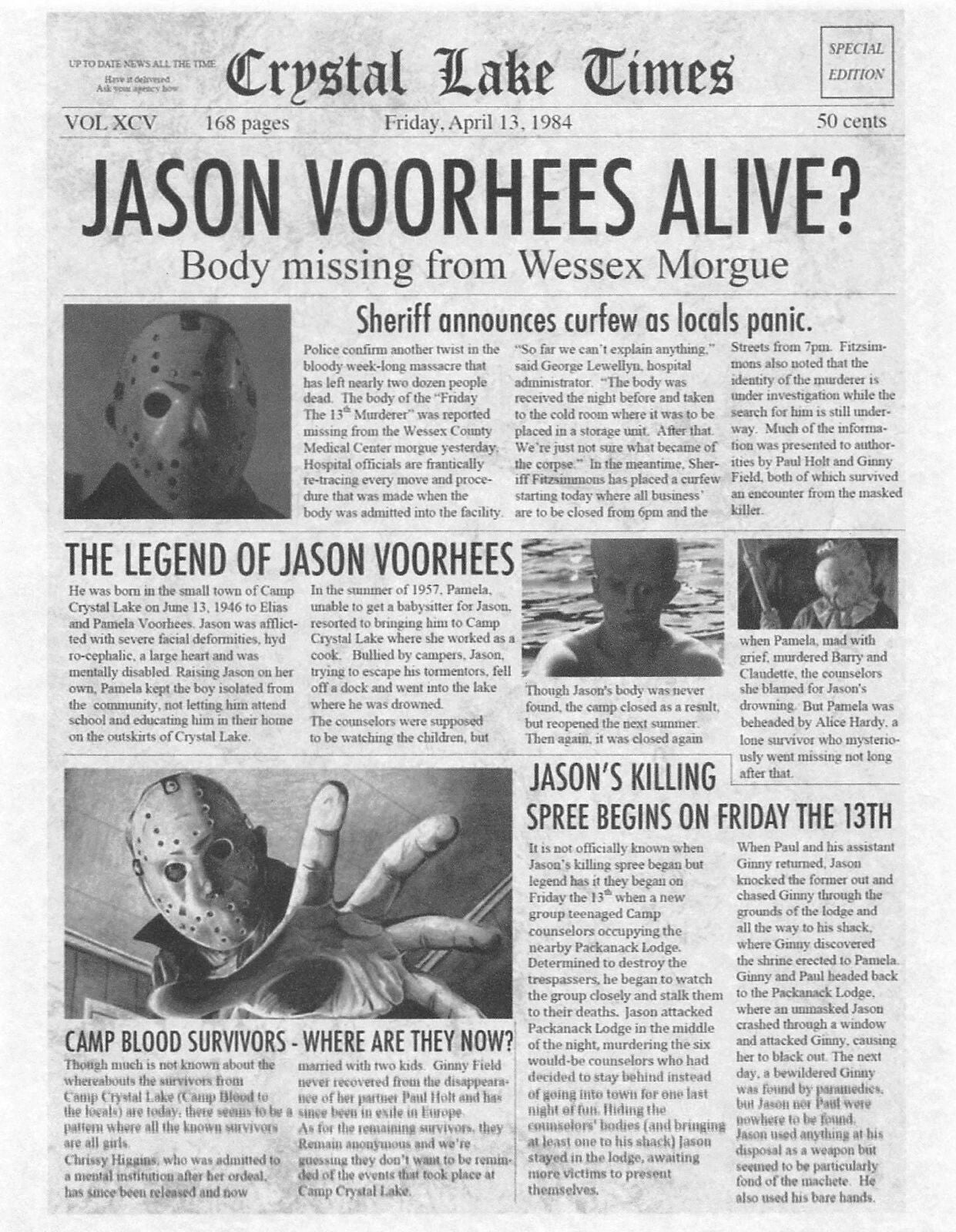 1980 Friday The 13Th Crystal Lake Times Jason Voorhees Alive Newspaper Print