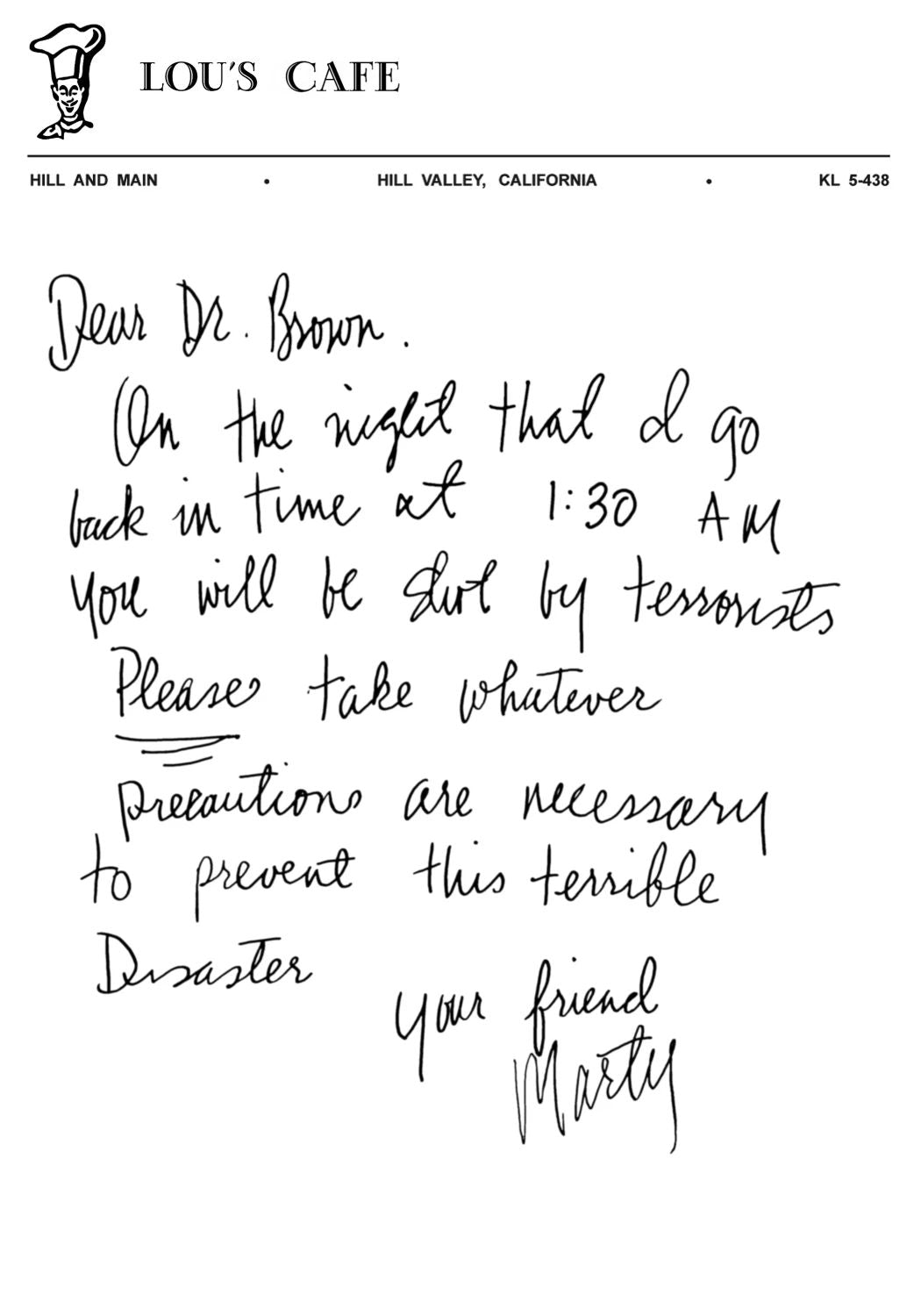 1985 Back To The Future Lou'S Caffe Marty'S Letter To Doc Replica Clearance
