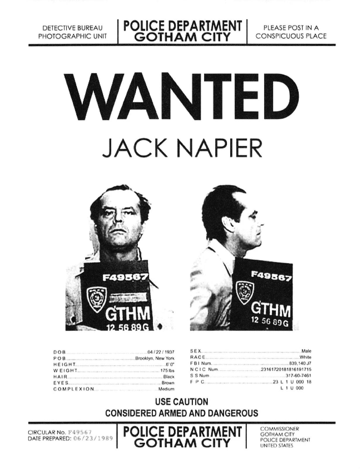 1989 Batman Jack Napier Wanted Poster Joker Jack Nicholsonclearance Item