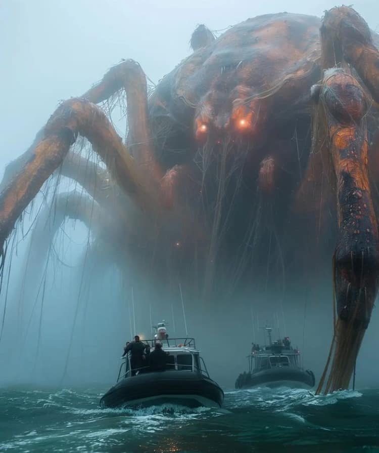 Giant Spider Approaching Boats Foggy Seascape Print Poster