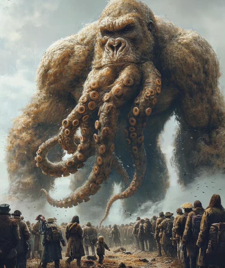 Mythical Creature Giant Octopus Humans Gathering Print Poster
