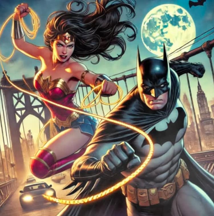 Superheroes Batman Wonder Woman Bridge Night Print Poster