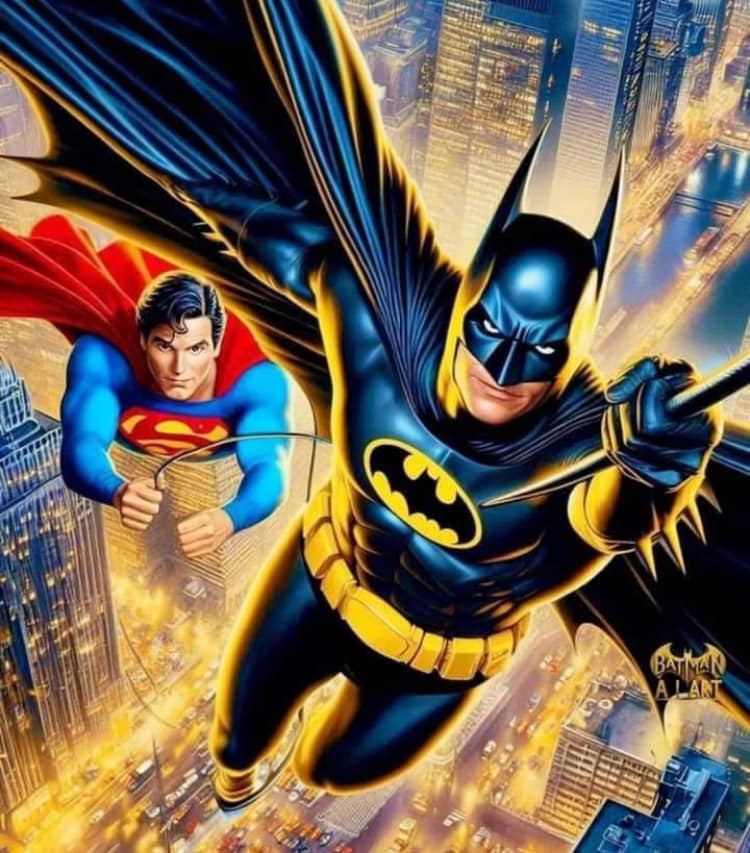 Superheroes Flight Batman Superman Cityscape Print Poster