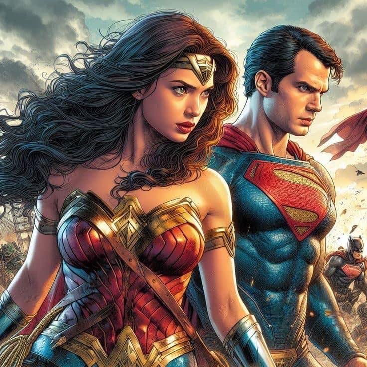 Superheroes Wonder Woman Superman Action Scene Print Poster