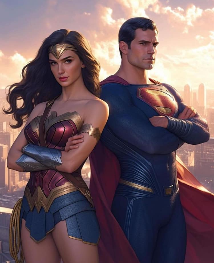 Superheroes Wonder Woman Superman Cityscape Print Poster