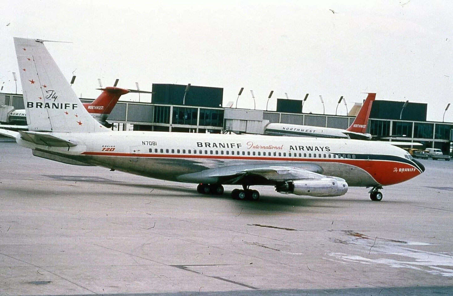 123F B 720 Jet Plane At Airport Vintage Retro Picture Photo