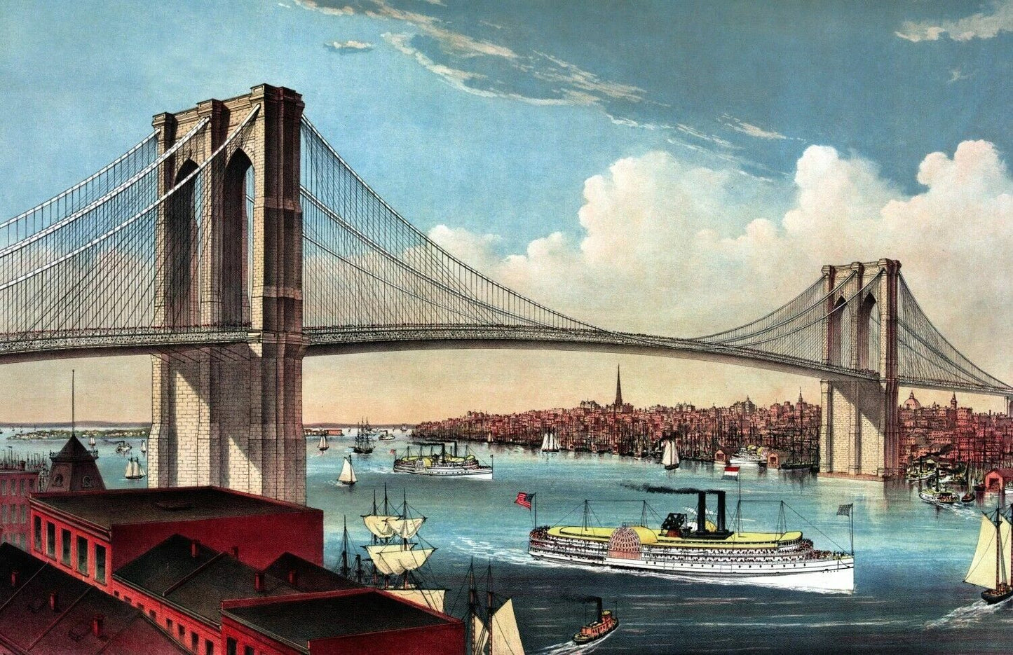 1883 Great East River Suspension Bridge Nyc Art Print Reproduction