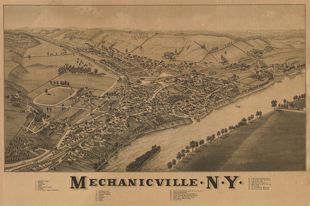 1885 Mechanicville New York Vintage Old Panoramic Map Wall Art Poster
