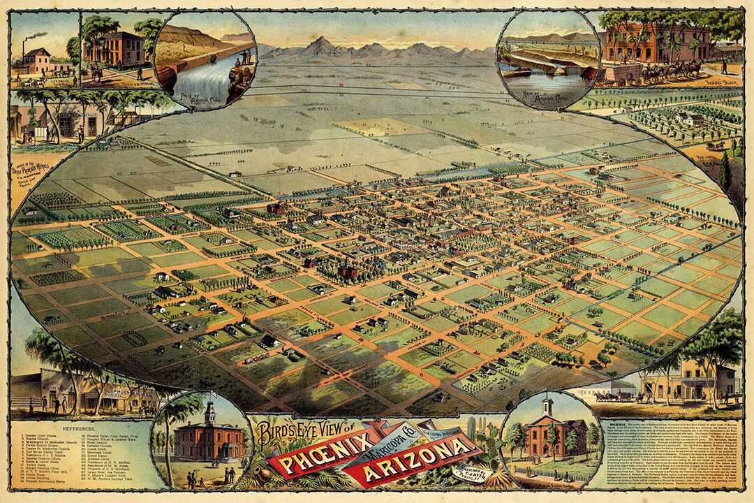 1885 Phoenix Arizona Vintage Old Panoramic City Map Wall Art Poster