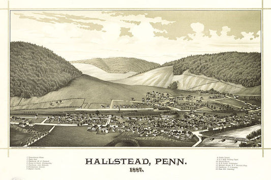 1887 Hallstead Pennsylvania Vintage Old Panoramic City Map Magnet