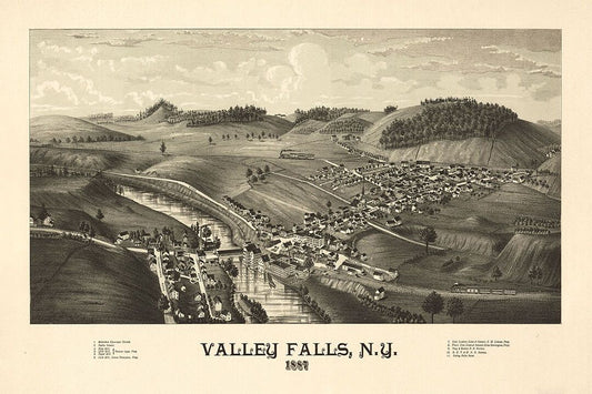 1887 Valley Falls New York Vintage Old Panoramic City Map Wall Poster