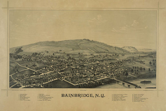1889 Bainbridge New York Vintage Old Panoramic Map Keychain