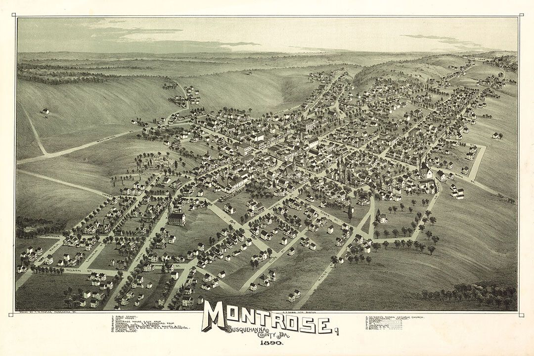 1890 Montrose Susquehanna Historic Panaromic Old City Map Wall Poster