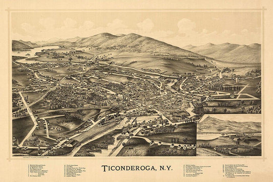 1891 Ticonderoga New York Old Panoramic City Map Vintage Magnet
