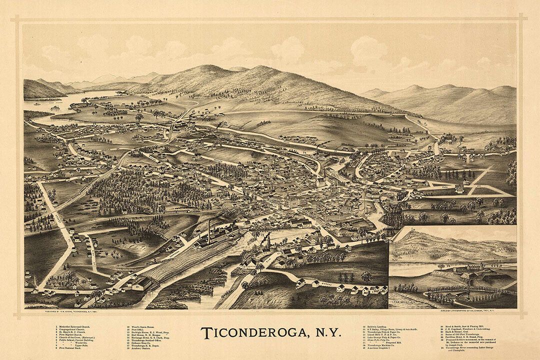 1891 Ticonderoga New York Old Panoramic City Map Vintage Keychain