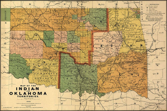 1892 Indian Territory Historic Vintage Style Oklahoma Map Wall Poster