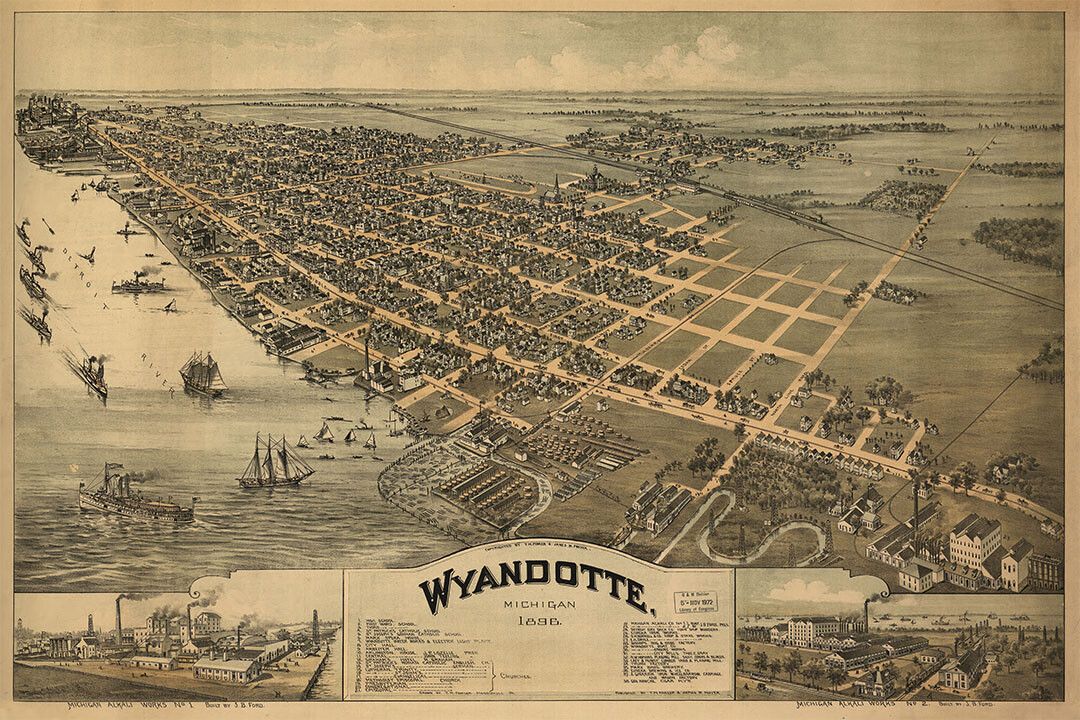 1896 Wyandotte Michigan Vintage Old Panoramic City Map Wall Art Poster