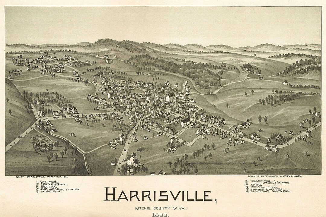 1899 Harrisville West Virginia Vintage Old Panoramic Map Keychain