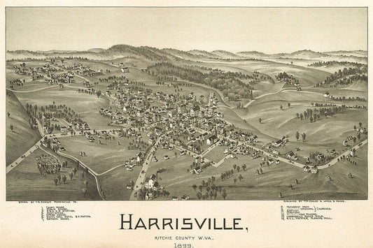 1899 Harrisville West Virginia Vintage Old Panoramic Map Keychain