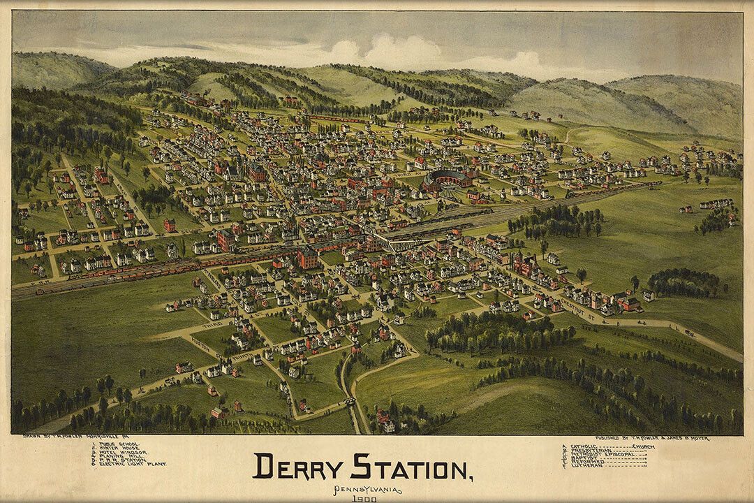 1900 Derry Station Pennsylvania Old Panoramic City Map Wall Art Poster