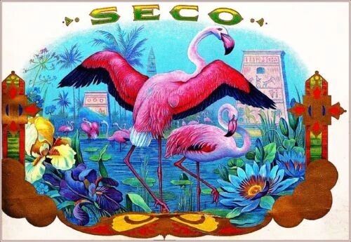 1900 Seco Flamingo Birds Vintage Cigar Box Tobacciana Label Ad Print