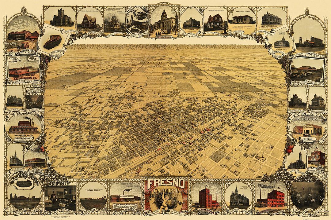 1901 Fresno California Vintage Old Panoramic City Map Keychain