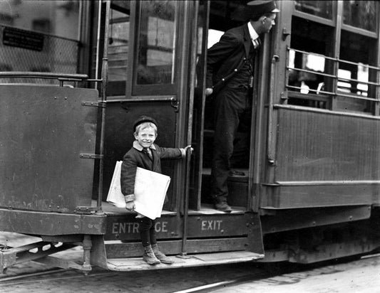1910 Young Newsboy On Streetcar St Louis Vintage Magnet Reprint
