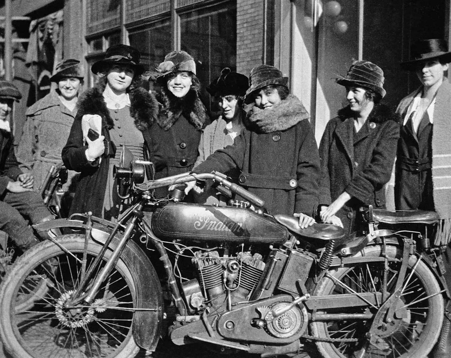 1919 Girls Crowd Around Indian Motorcycle Vintage Retro Picture Keychain