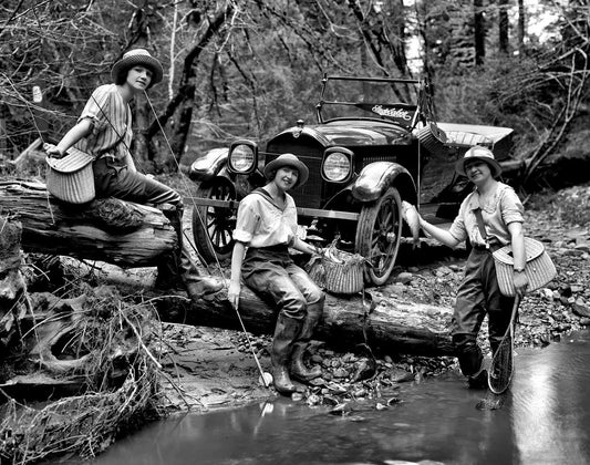 1919 Girls Fly Fishing Next To Vintage Car Studebaker Picture Photo