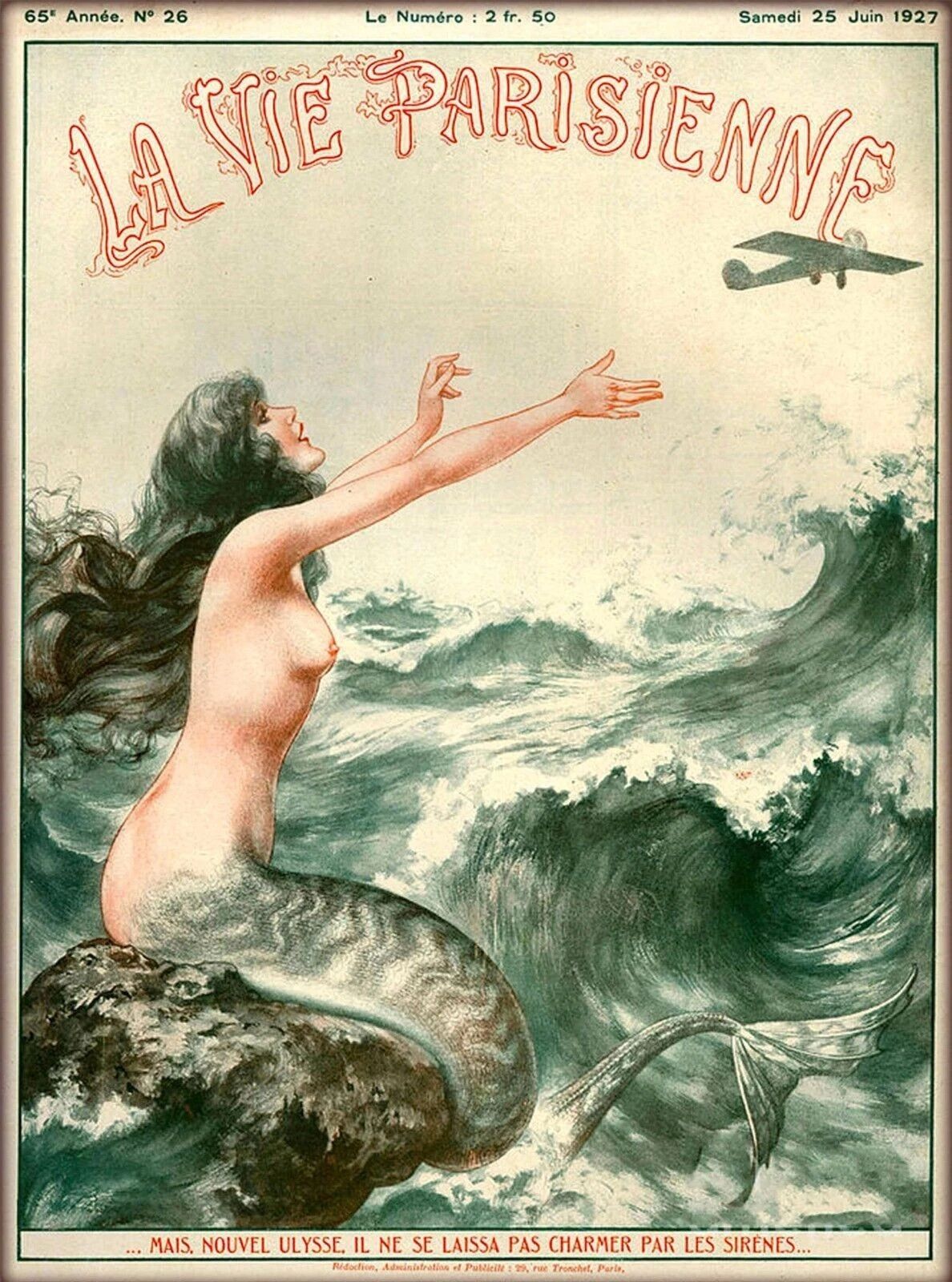 1927 La Vie Parisienne Mermaid & Airplane France Travel Ad Magnet