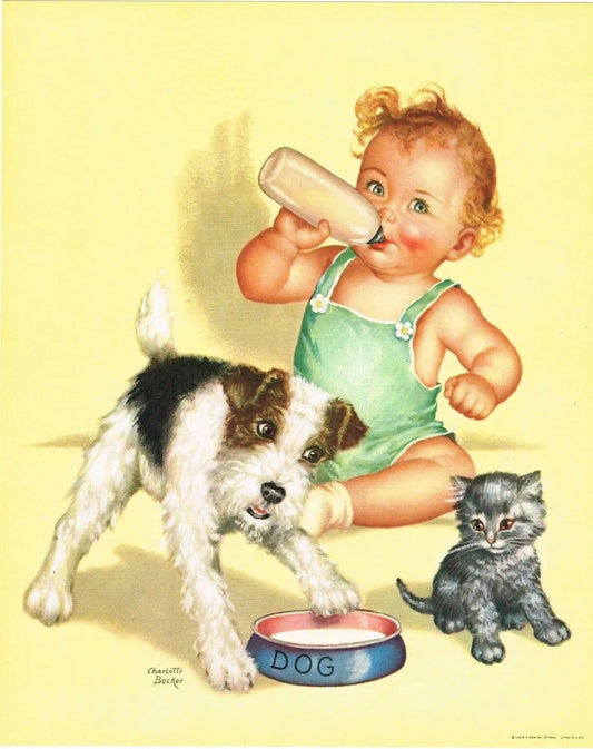 1930S Charlotte Becker Baby Infant Cat Kitten Terrier Dog Art Reprint