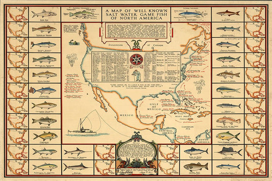 1930S Saltwater Game Fish Map North America Fishing Map Wall Poster