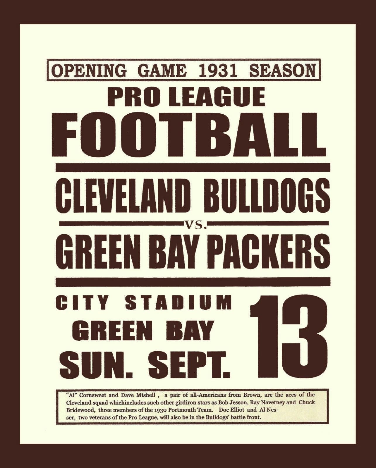 1931 Cleveland Bulldogs Green Bay Packers Team Photo Football Picture Nfl