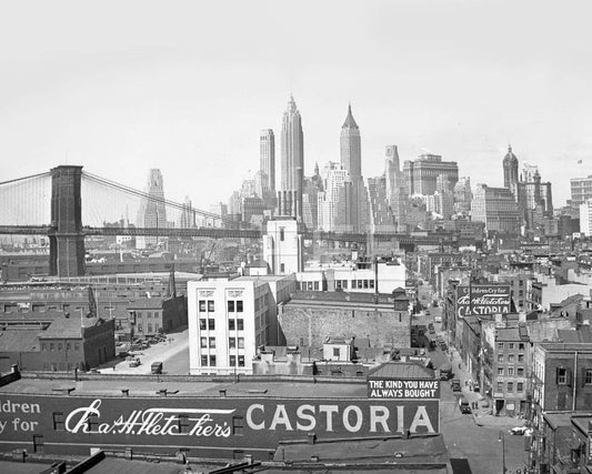 1932 Brooklyn Bridge And Jersey City Skyline Glossy Keychain New York Print