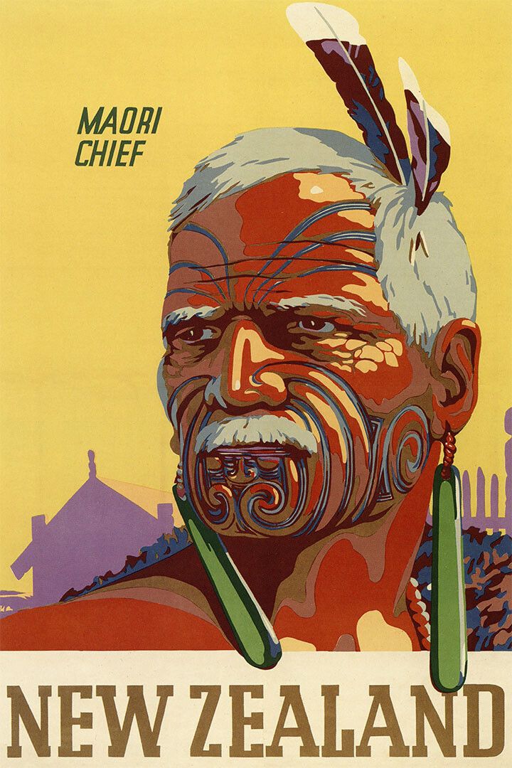 1932 New Zealand Maori Chief Tattoo Vintage Style Travel Wall Poster