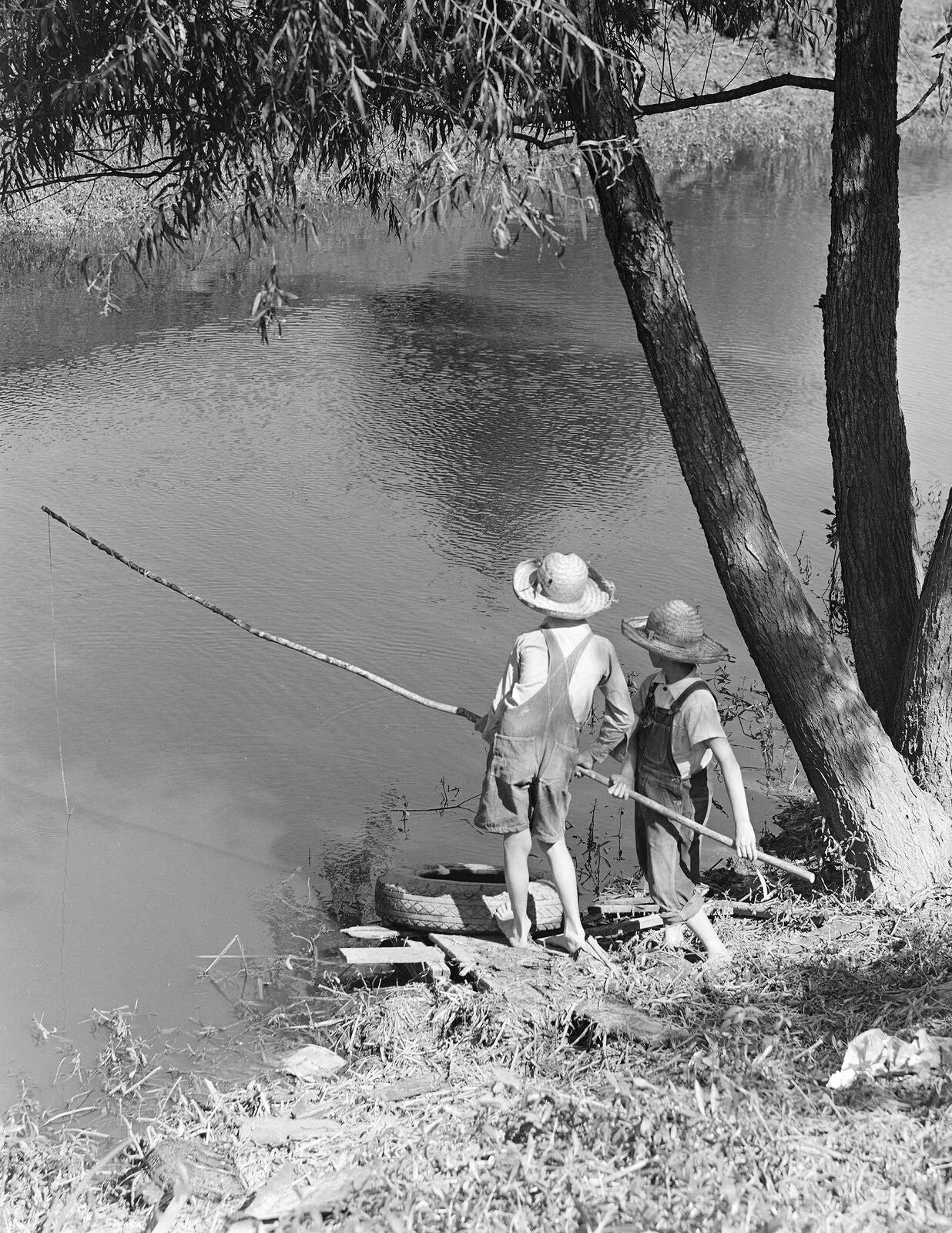 1935 Two Boys Brothers Fishing At River Vintage Old Magnet Reprint