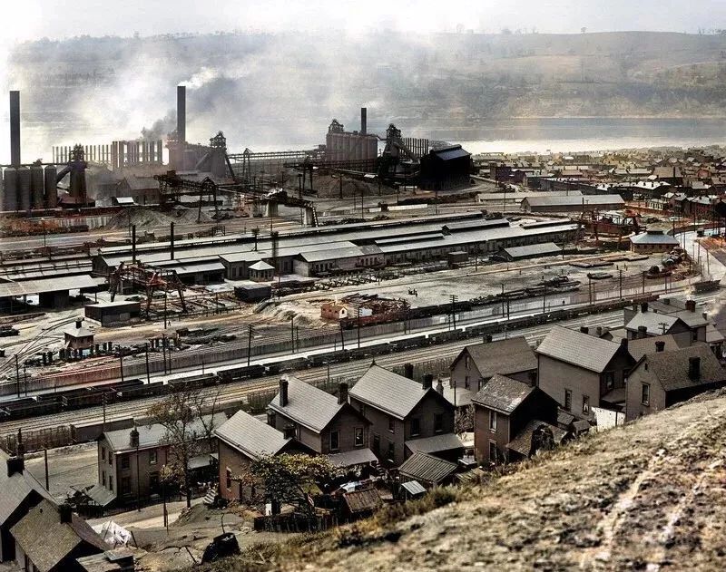 1938 Braddock Pa Factory Town Colorized Depression Era Picture Photo