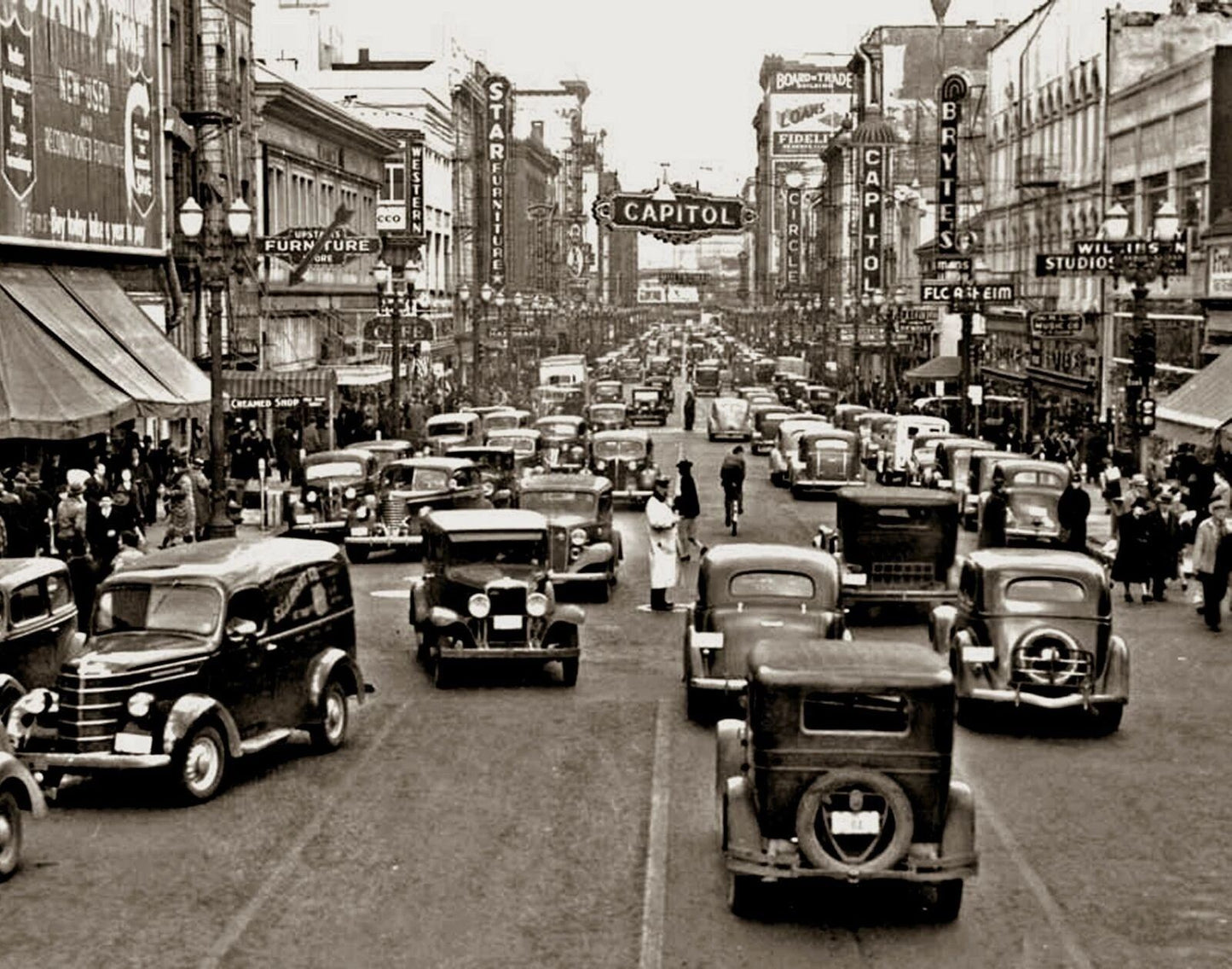 1938 Downtown Portland Oregon Cityscape Classic Cars On Street Picture Keychain 8X1