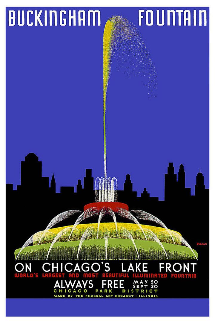 1939 Chicago Buckingham Fountain Vintage Style Travel Wall Art Poster