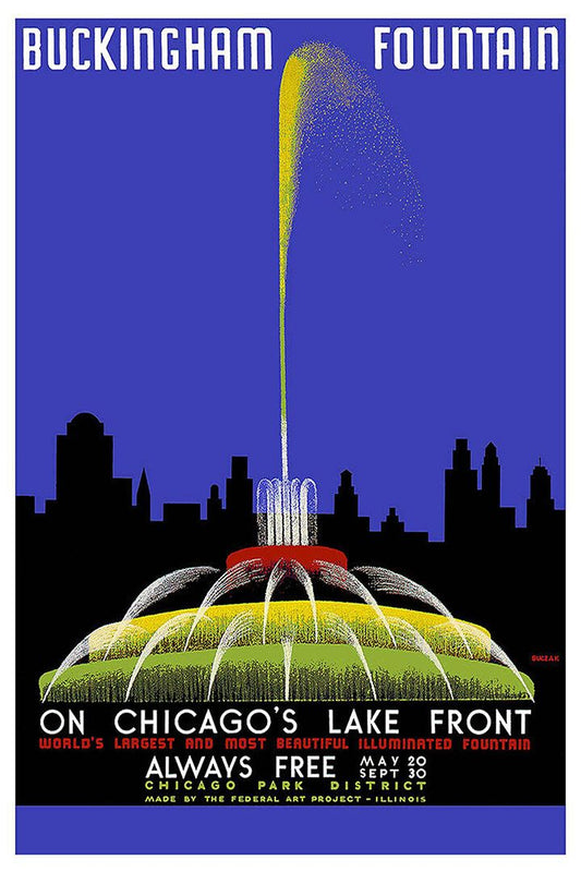 1939 Chicago Buckingham Fountain Vintage Style Travel Wall Art Poster
