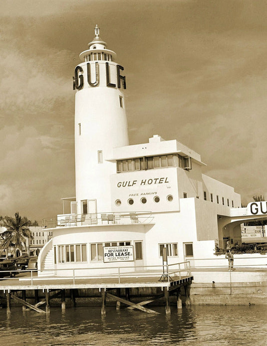 1939 Gulf Gas Station & Hotel Miami Beach Vintage Old Photo Reprint
