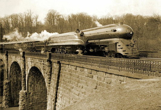1939 Streamlined Trains On Viaduct Bridge Vintage Old Photo Reprint