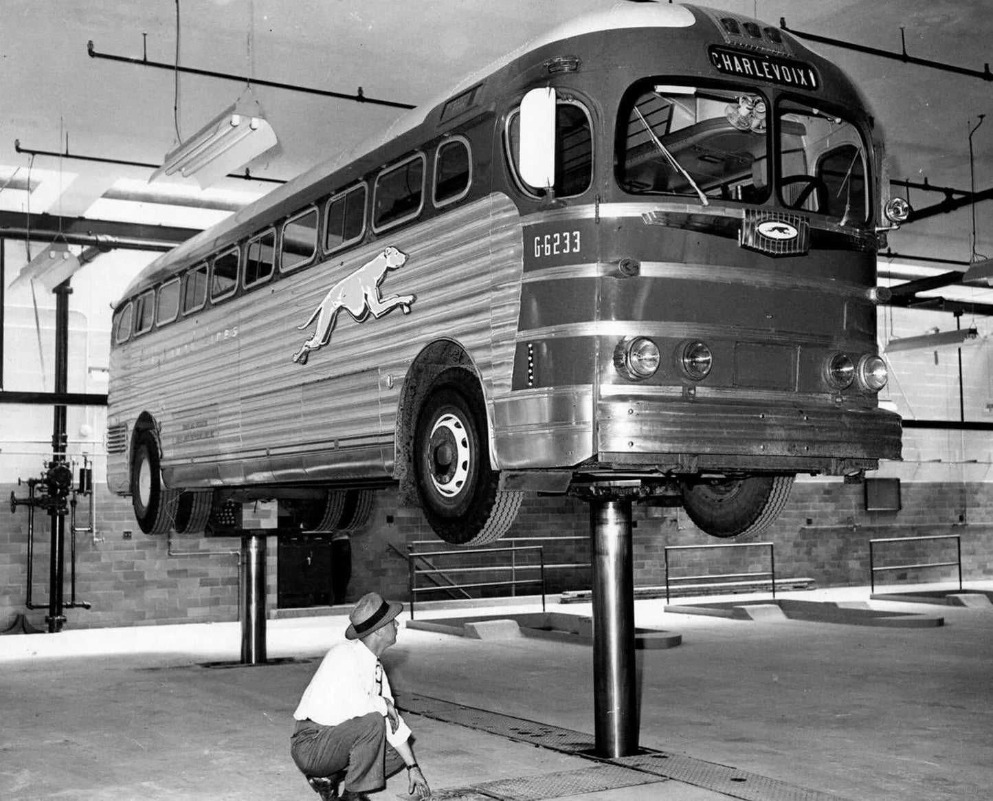 1950S Greyhound Bus On Lift For Maintenance Classic Retro Picture Magnet