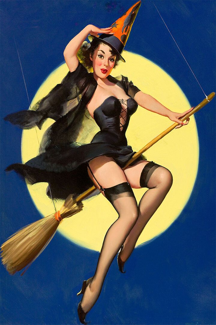 1950S Pinup Girl Riding High Witch On A Broom Jigsaw Puzzle