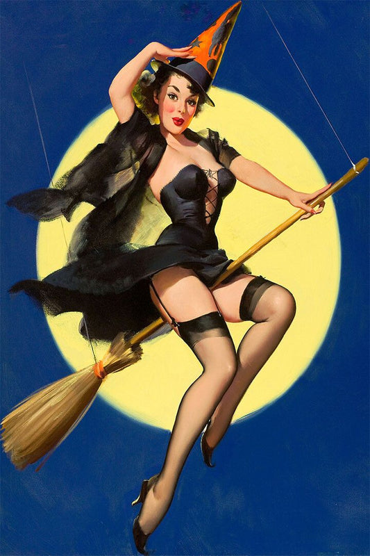 1950S Pinup Girl Riding High Witch On A Broom Jigsaw Puzzle